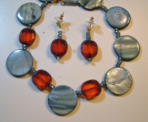 Large grey glass beads with brilliant red & grey clear glass beads